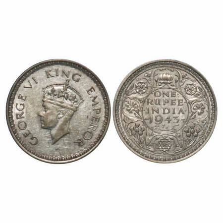 George VI, Half Silver, Rupee, 1943, Bombay Mint, C/II, Small 3, Diamond mint mark, Securi