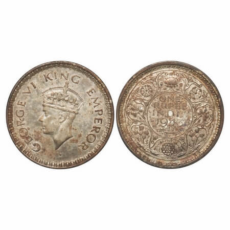 George VI, Half Silver, Rupee, 1943, Bombay Mint, C/III, Large 3, Diamond mint mark, Secur