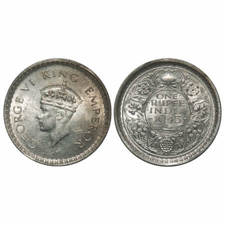 George VI, Half Silver, Rupee, 1943, Bombay Mint, C/III, Large 3, Diamond mint mark, Secur