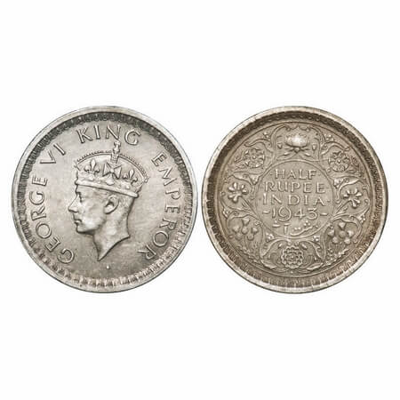 George VI, Half Silver, Rupee, 1943, Bombay Mint, B/III, Diamond mint mark, Security edge,