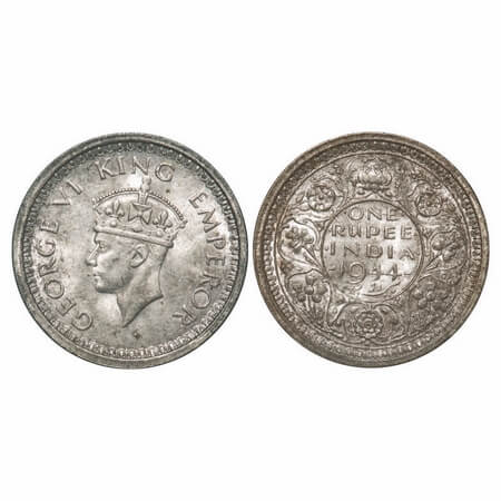 George VI, Half Silver, Rupee, 1944, Bombay Mint, D/II, Dot, Security edge. F. Prid 245. G