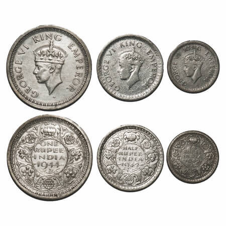 George VI, Half Silver, (3 coins) 1) Rupee, 1944, Bombay Mint, D/II, Dot, Security edge, 2
