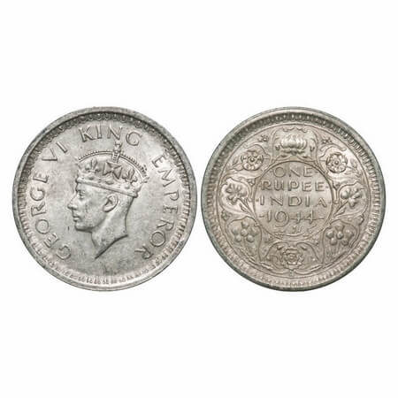 George VI, Half Silver, Rupee, 1944, Lahore Mint, D/II, 'L' raised, Security edge, Thick '
