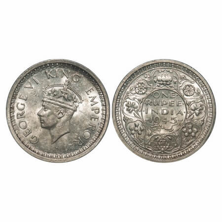 George VI, Half Silver, Rupee, 1945, Bombay Mint, D/II, Dot, Security edge, Normal 5, Ghos