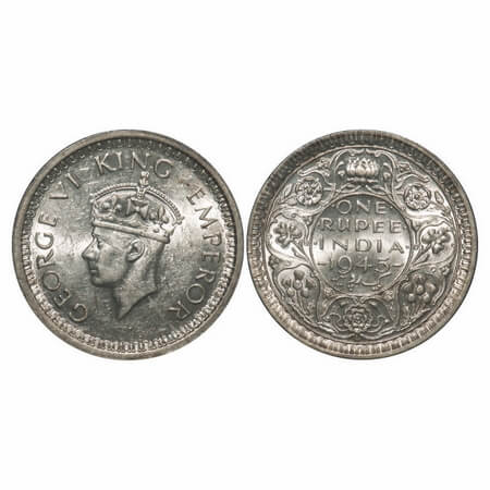 George VI, Half Silver, Rupee, 1945, Lahore Mint, D/II, 'L' raised, Security edge, Normal 
