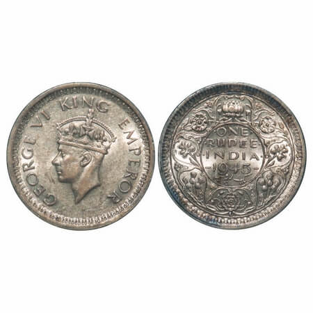 George VI, Half Silver, Rupee, 1945, Lahore Mint, D/II, 'L' raised, Security edge, Normal