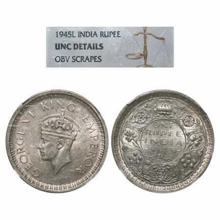 George VI, Half Silver, Rupee, 1945, Lahore Mint, D/II, 'L' raised, Security edge, Normal 