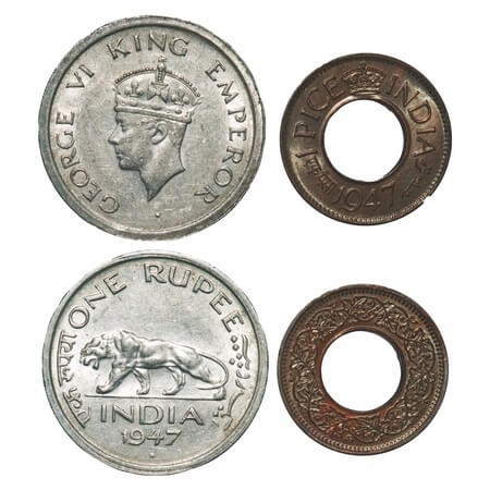 George VII, Mix-Metal, (2 coins), 1947, 1) Nickel, Rupee, Bombay Mint, E/IV, Diamond mint 