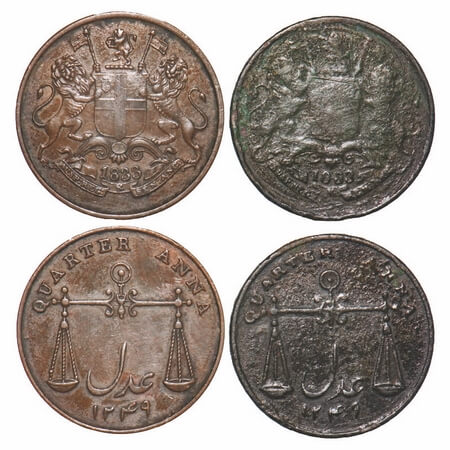 Bombay Presidency, Copper Quarter Anna (2 Coins), Bombay Mint, AD 1833/1249 AH, Reverse di