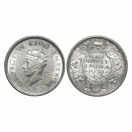 George VI, Silver, Half Rupee, 1938, Bombay Mint, A/I, Dot, Head Type I, Milled edge. F. P