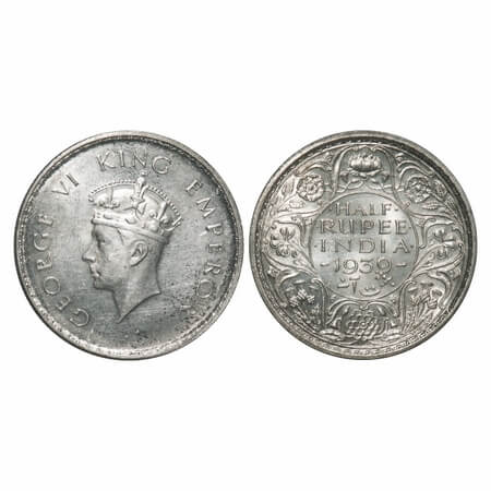 George VI, Silver, Half Rupee, 1939, Bombay Mint, A/I, Dot, Head Type I, Milled edge. F. P