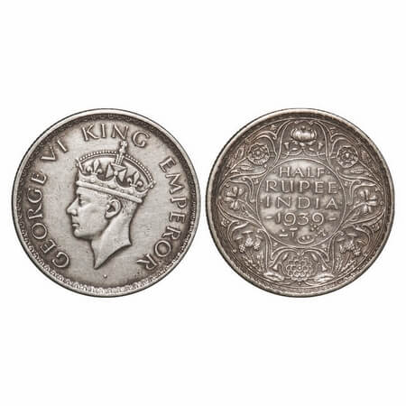 George VI, Silver, Half Rupee, 1939, Bombay Mint, A(a)/I, Dot, Head Type II, Milled edge. 