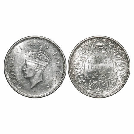 George VI, Silver, Half Rupee, 1939, Calcutta Mint, A(a)/I, No dot, Head Type II, Milled e