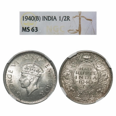 George VI, Half Silver, Half Rupee, 1940, Bombay Mint, A(a)/I, Dot, Head Type II, Milled e