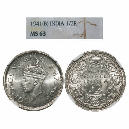 George VI, Half Silver, Half Rupee, 1941, Bombay Mint, A(a)/I(i), Dot, Security edge, Head