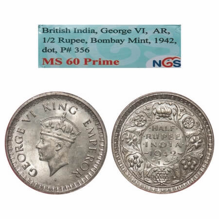 George VI, Half Silver, Half Rupee, 1942, Bombay Mint, Dot, Head Type II, Rev II, Security