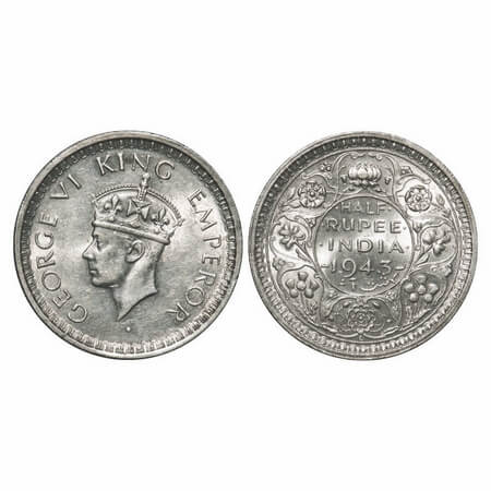 George VI, Half Silver, Half Rupee, 1943, Lahore Mint, B/II, 'L' raised, Head Type II, Sec