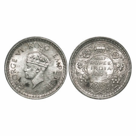 George VI, Half Silver, Half Rupee, 1944, Lahore Mint, B/II, 'L' raised, Head Type II, Sec