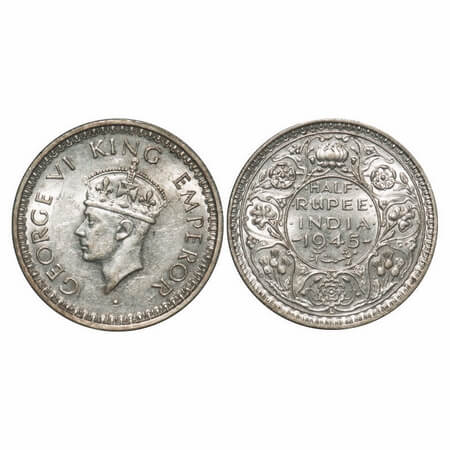 George VI, Half Silver, Half Rupee, 1945, Lahore Mint, B/II, 'L' raised, Head Type II, Sec
