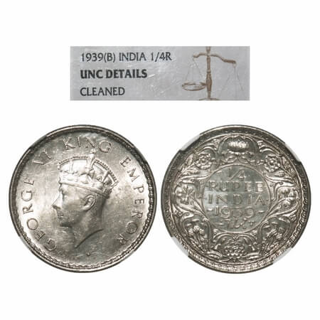 George VI, Silver, 1/4 Rupee, 1939, Bombay Mint, Head Type I, Rev I, Dot, Milled edge, Wit