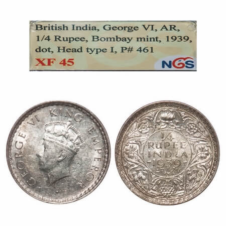 George VI, Silver, 1/4 Rupee, 1939, Bombay Mint, Head Type I, Rev I, Dot, Milled edge, Wit