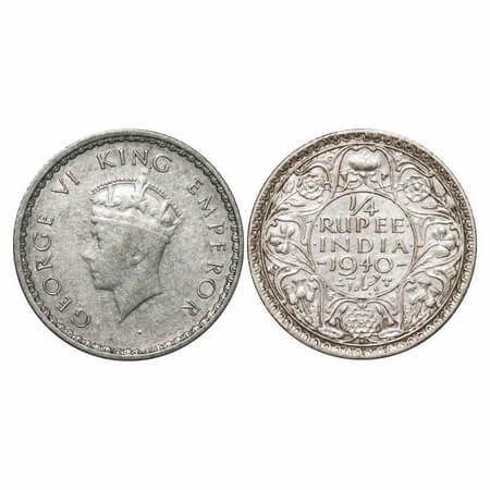 George VI, Half Silver, 1/4 Rupee, 1940, Bombay Mint, Head Type I, Rev I, Dot, Millled edg