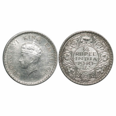 George VI, Half Silver, 1/4 Rupee, 1940, Bombay Mint, Head Type I, Rev I, Dot, Millled edg