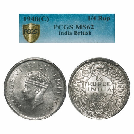 George VI, Half Silver, 1/4 Rupee, 1940, Calcutta Mint, Head Type II, Rev I, No dot, Mille
