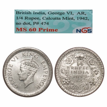 George VI, Half Silver, 1/4 Rupee, 1942, Calcutta Mint, No dot, Head Type II, Rev II, Mill