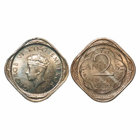 George VI, Copper-Nickel, 2 Annas, 1939, Bombay Mint, Head Type I, Dots by year, With tiny