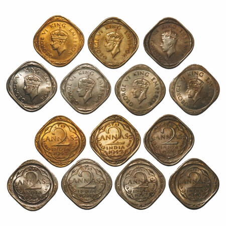 George VI, Mix-Metal, 2 Annas, (lot of 7 coins), 1) Copper-Nickel, 1939, Bombay Mint, Head