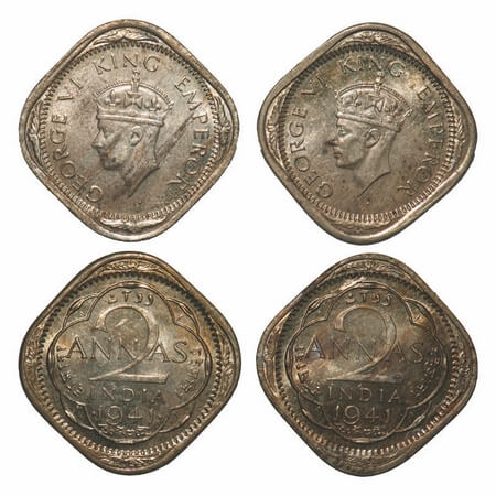 George VI, Copper-Nickel, 2 Annas, (2coins), 1) 1941, Calcutta Mint, No dots by year, Head