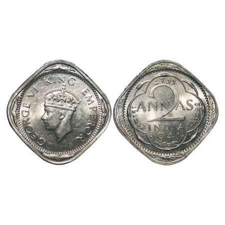 George VI, Copper-Nickel, 2 Annas, 1941, Bombay Mint, Head Type II, Dots by year, Planchet