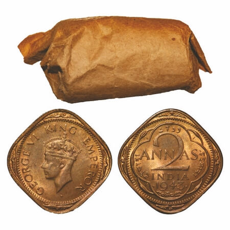 George VI, Nickel-Brass, 2 Annas, 1943, (22 coins), Bombay Mint, Head Type II, Dots by yea