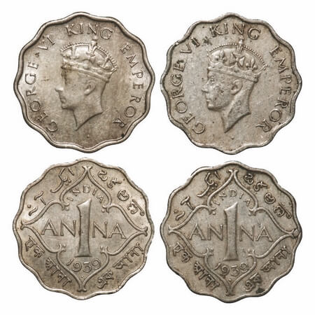 George VI, Copper-Nickel, 1 Anna, 1939, (2 coins), Bombay Mint, Dot, 1) Ist Head, 2) II He