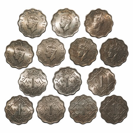 George VI, Copper-Nickel, 1 Anna, (lot of 7 coins), 1) 1939, Calcutta Mint, Head Type I, N