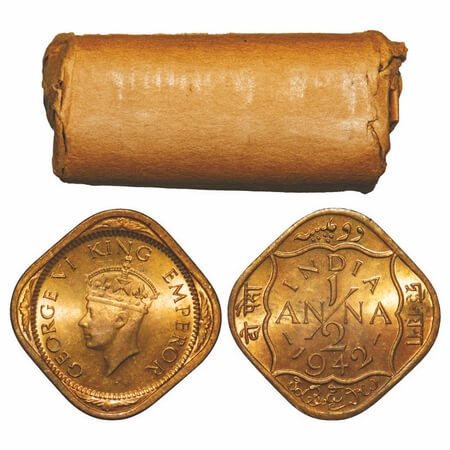 George VI, Brass-Nickel, 1/2 Anna, 1942, (24 coins), Bombay Mint, No dots by India dashes 