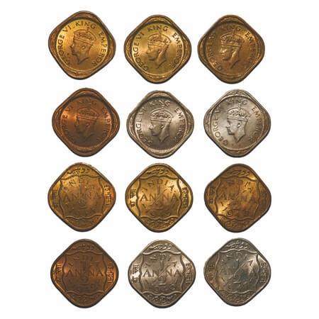 George VI, Mix-Metal, 1/2 Anna, (lot of 6 coins), 1) Nickel-Brass, 1942, Bombay Mint, No d