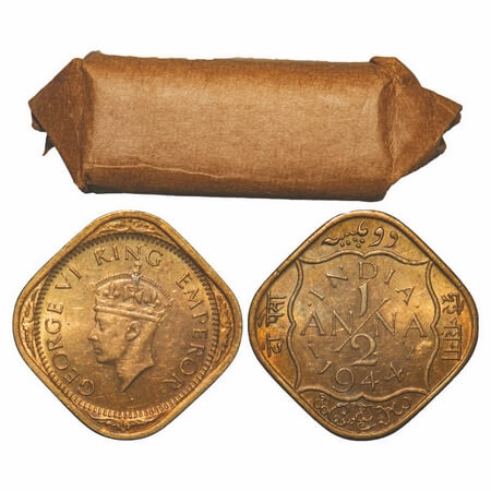 George VI, Brass-Nickel, 1/2 Anna, 1944, (24 coins), Calcutta Mint, Dots by India dashes b