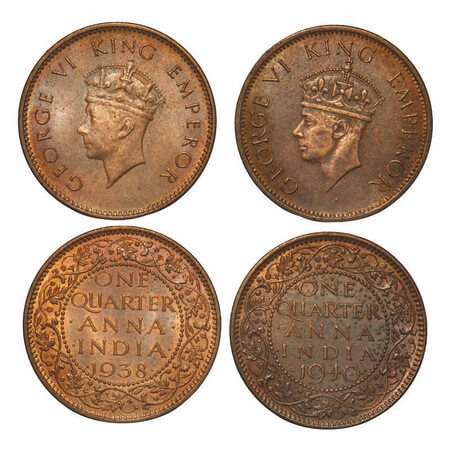 George VI, Bronze, Quarter Anna, (2 coins), 1) 1938, Calcutta Mint, Head Type I, No dot, 2