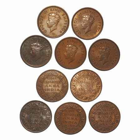 George VI, Bronze, Quarter Anna, 1939, (lot of 5 coins), 1 to 4) Bombay Mint, Head Type I,