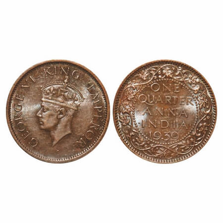 George VI, Bronze, Quarter Anna, 1939, Calcutta Mint, Head Type II, No dot. F. Prid Unlist
