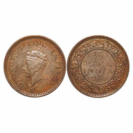 George VI, Bronze, 1/2 Pice, 1938, Calcutta Mint, No dot, Head Type I. F. Prid Unlisted. G