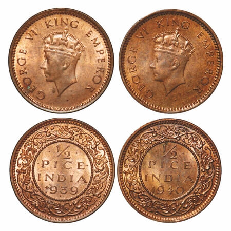 George VI, Bronze, 1/2 Pice, ( 2 coins), 1) 1939, Bombay Mint, Head Type I, Dot, 2) 1940, 