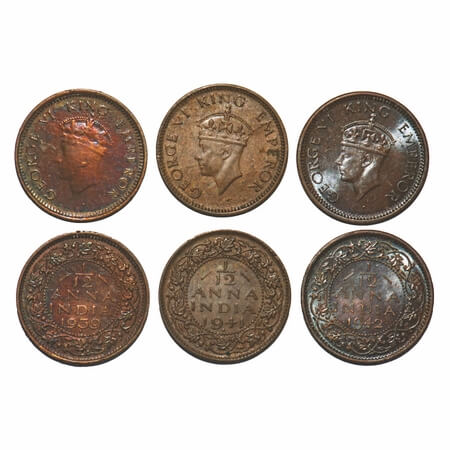 George VI, Bronze, 1/12 Anna, (3 coins), Bombay Mint, 1) 1939, Head Type I, Dot, 2) 1941,