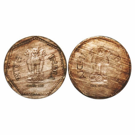 1 Rupee, Copper Nickel, Obverse Brockage/ Lakhi. Almost Uncirculated. Rare.