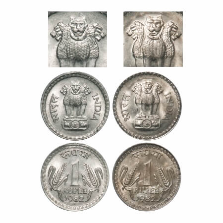 1 Rupee, 1982, Cu-Nic, (2 Coins), Two different obverse, one is mule. Uncirculated, Scarce