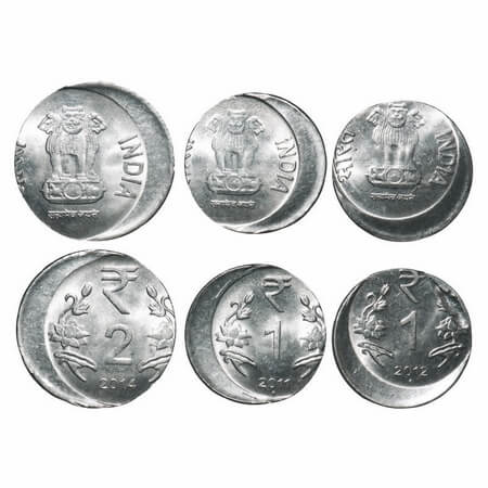 1 & 2 Rupees, FSS (3 Coins), 1 Rupee 2011, 2012, Bombay Mint, Error, 20 % Die Shift, 2 Rup