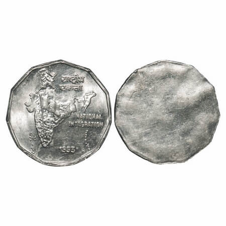 2 Rupees, 1993, Cu-Nic, 6.01g, Calcutta Mint, Error, struck Uniface. Uncirculated, Scarce.