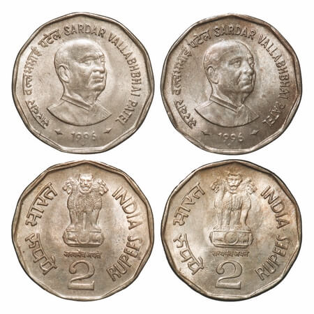 2 Rupees, 1996, Cu-Nic (2 Coins), Sardar Vallabhbhai Patel, Bombay Mint, 2 different types